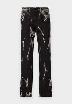 Black denim pants with a tie-dye effect in white. Features a clearly defined waistband, belt loops, and five pockets. Straight leg design.
