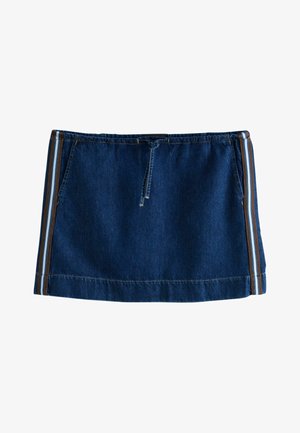 Denim-Minirock mit elastischem Bund und Kordelzug, mit Seitentaschen und braunen, weißen und blauen vertikalen Streifen an den Seiten.