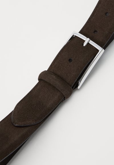 Brown suede belt with a polished silver metal buckle. Features a smooth texture and multiple adjustment holes for sizing.