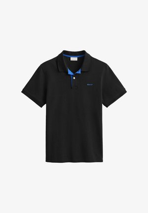 Black cotton polo shirt featuring a blue accent on the collar and a small logo on the left chest. Short sleeves and classic fit.