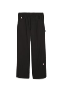 Black pants with an elastic waistband, two front pockets, and a small embroidered detail on the lower leg. Made from a lightweight material.
