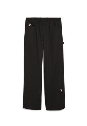 Pantalones negros con cintura elástica, dos bolsillos frontales y un pequeño detalle bordado en la parte inferior de la pierna. Fabricados con un material ligero.