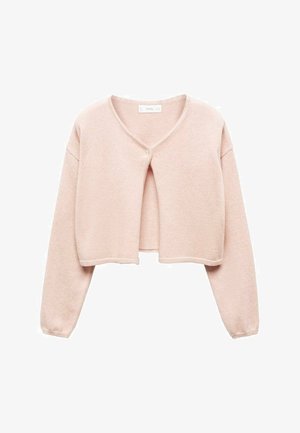 Lyserød croppet cardigan med lange ærmer, V-hals og enkelt knaplukning ved halsudskæringen, vist mod en hvid baggrund.