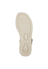 Light tan rubber shoe sole with horizontal grooves, central oval logo, and rounded heel section for traction and stability. Size 37 marked.