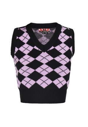 Čierny a levanduľový sveter bez rukávov so vzorom argyle, s V-výstrihom a ribbovaným lemom. Má priliehavý strih a textúrovanú tkaninu.