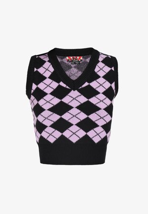 Fekete és levendula színű argyle mintájú kötött ujjatlan pulóver V-nyakkal és bordás szegéllyel. Feszített fazonja és texturált anyaga jellemzi.