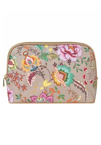 Cosmetictas in beige stof met een bloemenpatroon, voorzien van felle kleuren en decoratieve accenten. Gouden rits met trekband. Rechthoekige vorm.