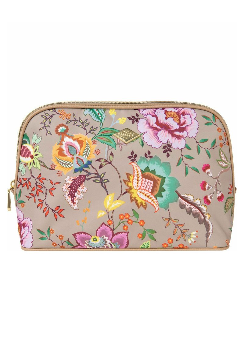 Cosmetictas in beige stof met een bloemenpatroon, voorzien van felle kleuren en decoratieve accenten. Gouden rits met trekband. Rechthoekige vorm.