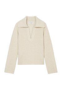 Pull en tricot crème avec un col en V profond, un large col et des manches longues. Motif texturé sur toute la surface. Étiquette visible au niveau de l'encolure.