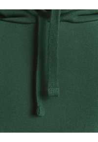 Tessuto del felpa verde con cordini intrecciati e testurizzati. Superficie liscia con una vestibilità aderente, dotato di cappuccio e chiusura con legatura regolabile.