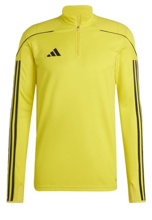 Gelbes Sportpullover mit halbem Reißverschluss, ausgestattet mit schwarzen Streifen an den Ärmeln und strukturierten Schultern. Hergestellt aus leichtem, dehnbarem Material.