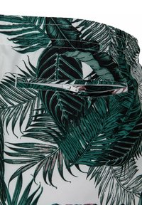 Shorts pour hommes arborant un motif de feuilles vertes sur fond blanc, avec une poche zippée et une taille élastique pour un ajustement confortable.
