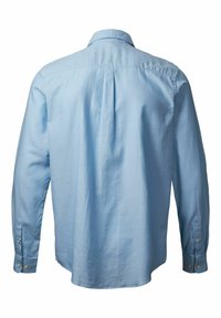 Helles blaues Langarmshirt aus weichem Baumwollstoff, mit Button-Down-Kragen, Rückenschlitzdetail und geknöpften Manschetten, von hinten gezeigt.