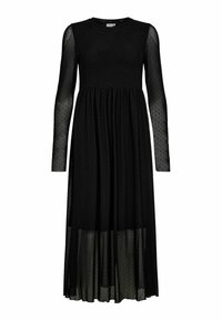 Rochie neagră cu mâneci lungi din material transparent, texturată cu buline mici. Design cu fustă evazată și talie strânsă, realizată dintr-un material ușor.
