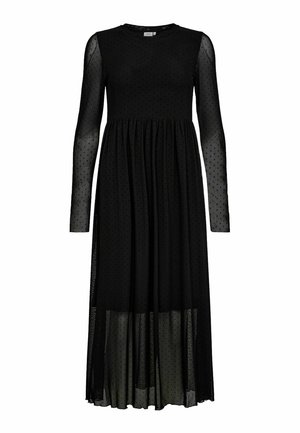 Schwarzes Kleid mit langen, durchsichtigen Ärmeln, strukturiert mit kleinen Punkten. Ausgestellter Rock mit gerafftem Bund, aus leichtem Stoff gefertigt.