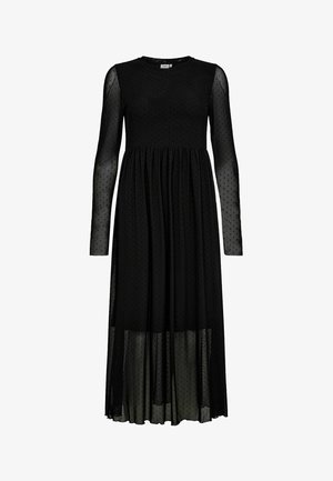 Robe noire avec de longues manches transparentes, texturée de petits pois. Jupe évasée avec une taille froncée, fabriquée en tissu léger.