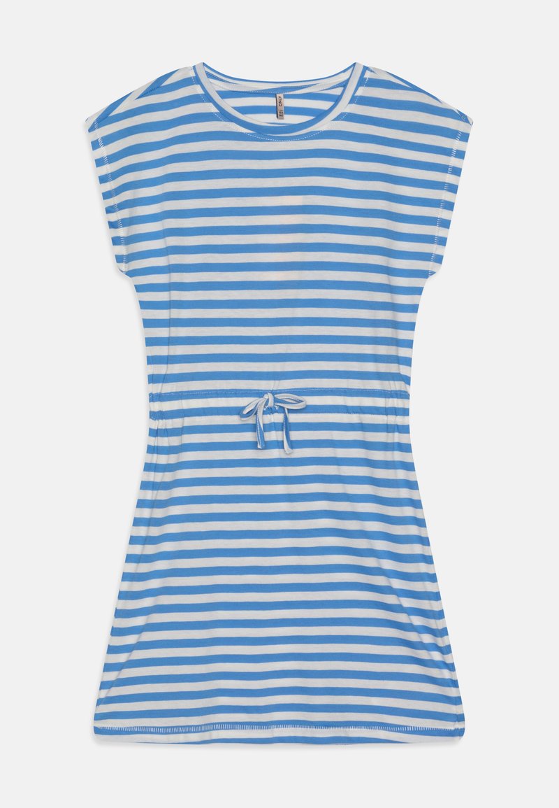 Abito a strisce blu chiaro e bianco, realizzato in tessuto morbido, con scollatura rotonda e vita regolabile con coulisse per una vestibilità adattabile. Maniche corte.