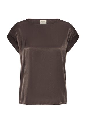 Tummanruskea lyhythihainen satiinitoppi, jossa on pyöreä pääntie ja hieman käärityt hihat, merkitty fransa-brändiksi.