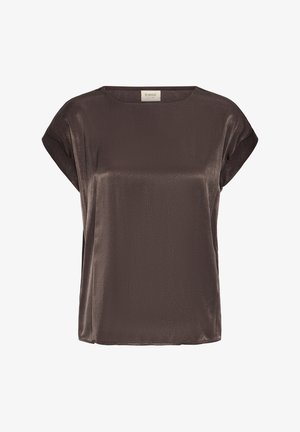 Blouse satin à manches courtes de couleur brun foncé avec un col rond et des manches légèrement retroussées, étiquetée de la marque fransa.