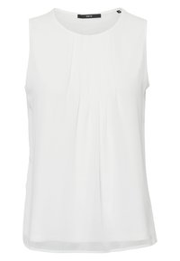 Blouse blanche sans manches avec un col rond, des plis sur le devant et un tissu doux et lisse. Design simple et coupe droite pour un ajustement décontracté.
