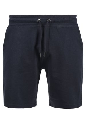 Granatowe szorty z teksturowanej tkaniny, z elastycznym pasem ze sznurkiem, bocznymi kieszeniami i luźnym krojem.