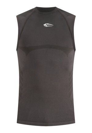 Haut de compression athlétique sans manches de couleur gris foncé avec des panneaux en mesh et un petit logo blanc sur la poitrine.