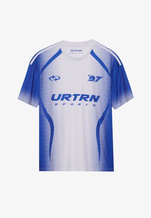 Kortärmad sporttröja med vit kropp och blåa gradienter, prickiga mönster och "URTRN 97" logo på framsidan. Mjuk, andningsbar material.