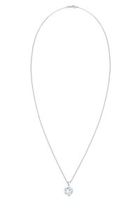 Sølv kædedyse med en transparent hjerteformet vedhæng med facetter for glans, designet med en enkel lås og en glat overflade.
