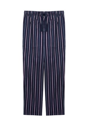 Pantalones de pijama de color azul marino con rayas verticales en blanco y rosa. Cuenta con una cinturilla elástica con cordón. Tejido suave y ligero.