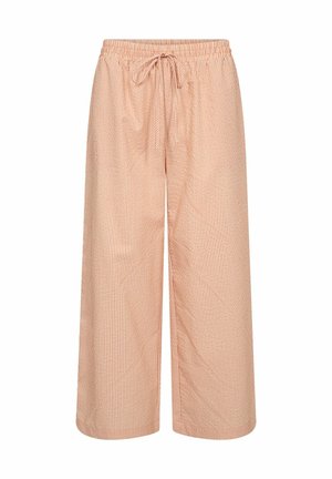Hose mit weitem Bein in hellem Pfirsich mit weißen senkrechten Streifen. Verfügt über einen elastischen Bund mit Kordelzug. Hergestellt aus leichtem Stoff.