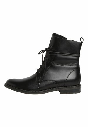 Black leather ankle boot with a round toe, lace-up front, stitched detailing, and a low, stacked heel. Smooth texture with a sleek design.