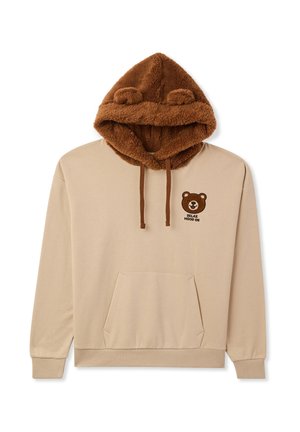 Felpa beige con cappuccio morbido marrone, caratterizzata da orecchie di orso, tasca frontale e grafica di un orso con il testo "RELAX MOOD ON".