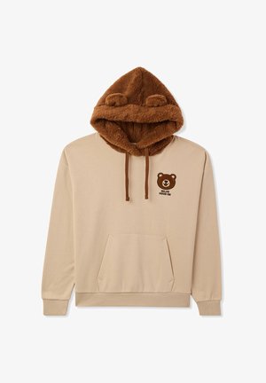 Felpa beige con cappuccio morbido marrone, caratterizzata da orecchie di orso, tasca frontale e grafica di un orso con il testo "RELAX MOOD ON".