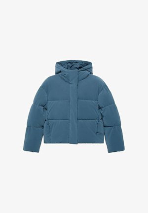 Giacca puffer blu con cappuccio, realizzata in tessuto liscio, caratterizzata da un design squadrato, pannelli cuciti e polsini elasticizzati per l'isolamento.