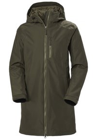 Veste imperméable vert olive avec capuche, fermeture éclair frontale, poches latérales et poche poitrine. Texture lisse et design décontracté.