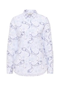 Camicia a maniche lunghe in cotone bianco con motivo paisley blu, dotata di colletto e chiusura frontale con bottoni, vestibilità su misura.
