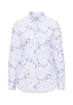 Langsleeve shirt in witte katoen met blauw paisleymotief, met een kraag en knoopsluiting aan de voorkant, afgestemde pasvorm.