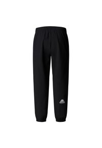 Čierne športové nohavice z mäkkej tkaniny, s elastickým pásom, zúženými nohavicami a bielym logom na spodnej ľavej nohe.