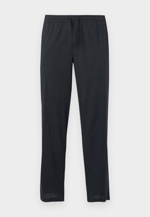 Pantalon en lin léger gris foncé avec une ceinture élastique et un cordon de serrage. Coupe droite, sans motifs ni décorations visibles.