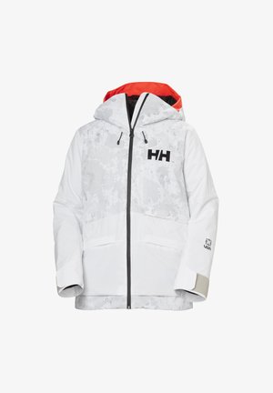 Witte waterdichte jas met grijs camouflagepatroon, rode binnenkap, zwarte voorkleur, en logo op de borst. Voorzien van elastische manchetten en een verstelbare kap.