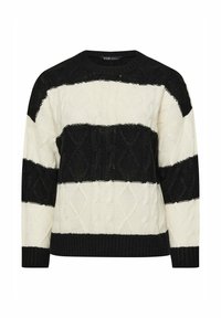 Svart och gräddfärgad randig stickad tröja med kabelmönster, rund halsringning och ribbade ärmslut. Har växlande ogenomskinliga och genomskinliga ränder.