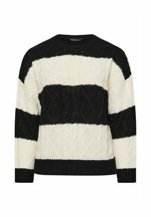 Czarny i kremowy sweter dzianinowy w paski z wzorami w warkocze, okrągłym dekoltem i ściągaczami przy mankietach. Zawiera naprzemienne nieprzezroczyste i przezroczyste paski.