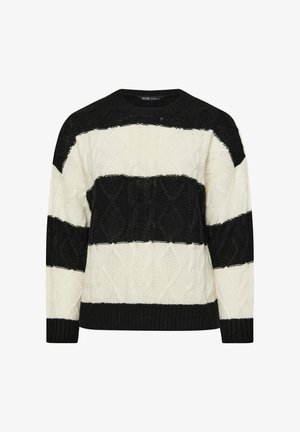 Czarny i kremowy sweter dzianinowy w paski z wzorami w warkocze, okrągłym dekoltem i ściągaczami przy mankietach. Zawiera naprzemienne nieprzezroczyste i przezroczyste paski.