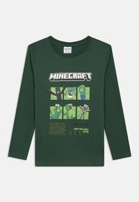 Grön långärmad Minecraft-t-shirt med tecknade figurer och textgrafik; bomullsmaterial; rundad hals; tryckt design och livfulla färger.