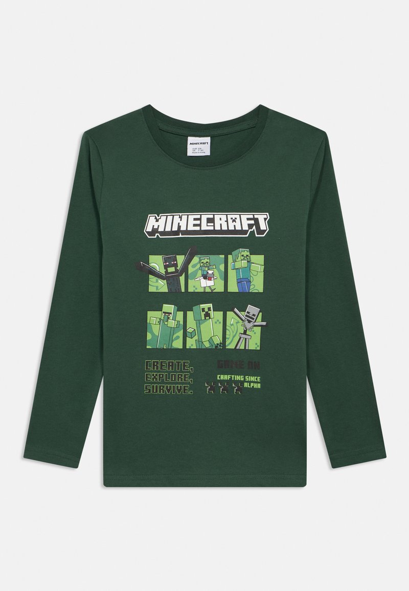 Grön långärmad Minecraft-t-shirt med tecknade figurer och textgrafik; bomullsmaterial; rundad hals; tryckt design och livfulla färger.