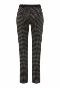 Op maat gemaakte zwarte en grijze houndstooth broek met een slim fit, voorzien van een vlakke voorkant, riemlussen en twee achterzakken.