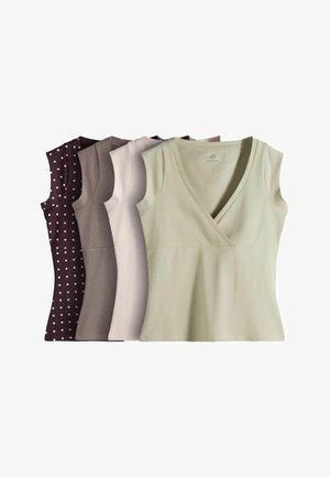 Ärmellose V-Ausschnitt Tops in fünf Farben: Hellgrün, Hellrosa, Taupe, Braun und Dunkelbraun mit weißen Punkten, überlappend angeordnet.
