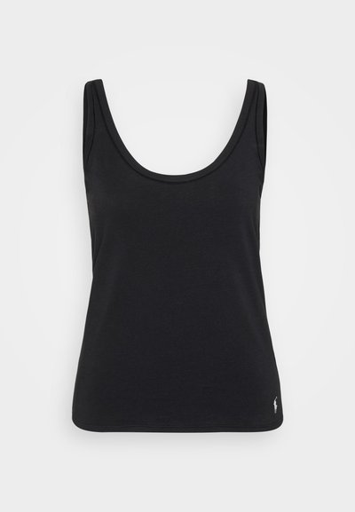 Black sleeveless tank top made of soft fabric, featuring a rounded neckline and a straight hem. Subtle logo on the bottom right corner.