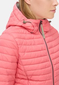 Rosa, gesteppte Puffjacke mit Kapuze, die horizontalen Nähte, einen Reißverschluss auf der Vorderseite und verstellbare Kordelzüge am Kragen aufweist.