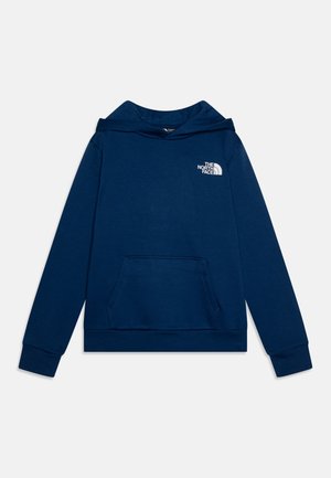 Hanorac din bumbac de culoare albastru marin, cu buzunar frontal, manșete cu nervuri și un logo alb brodat pe pieptul stâng. Prezintă o glugă căptușită.